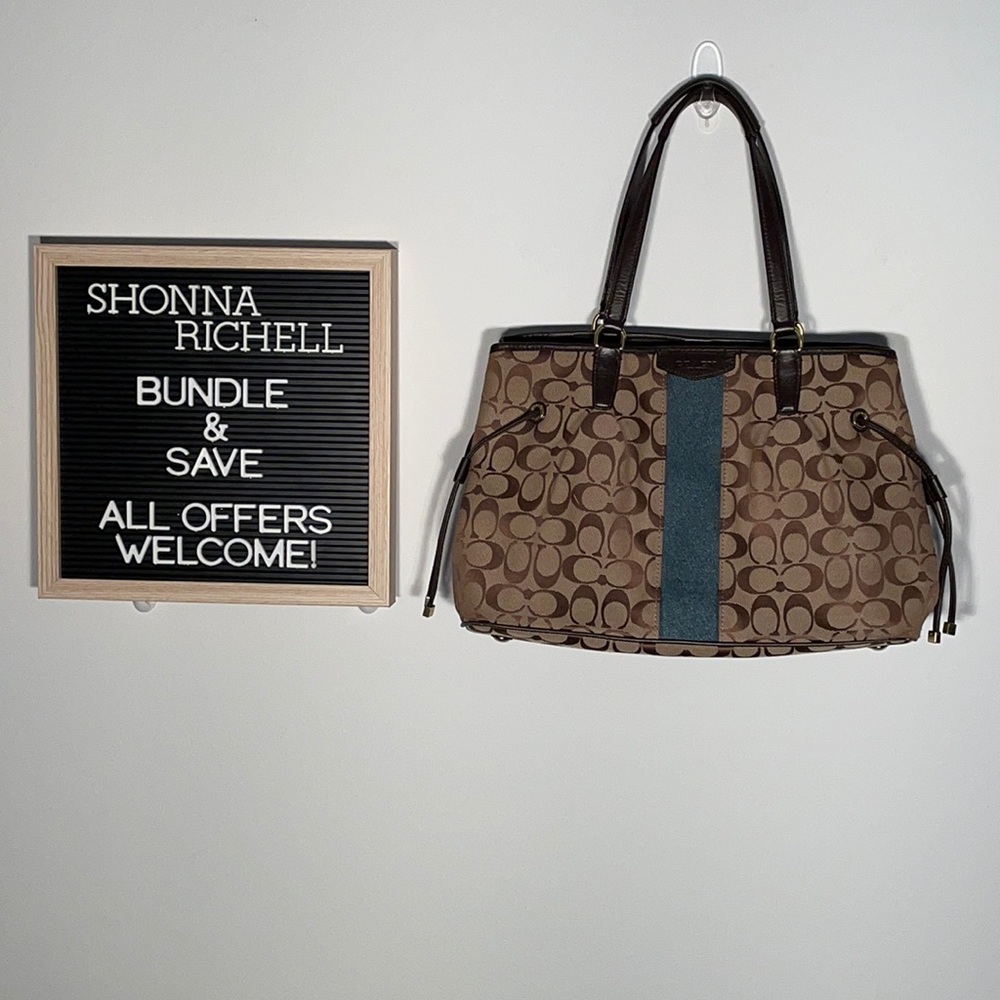 Coach Signature Stripe Drawstring Carryall Handbag - Picture 1 of 8